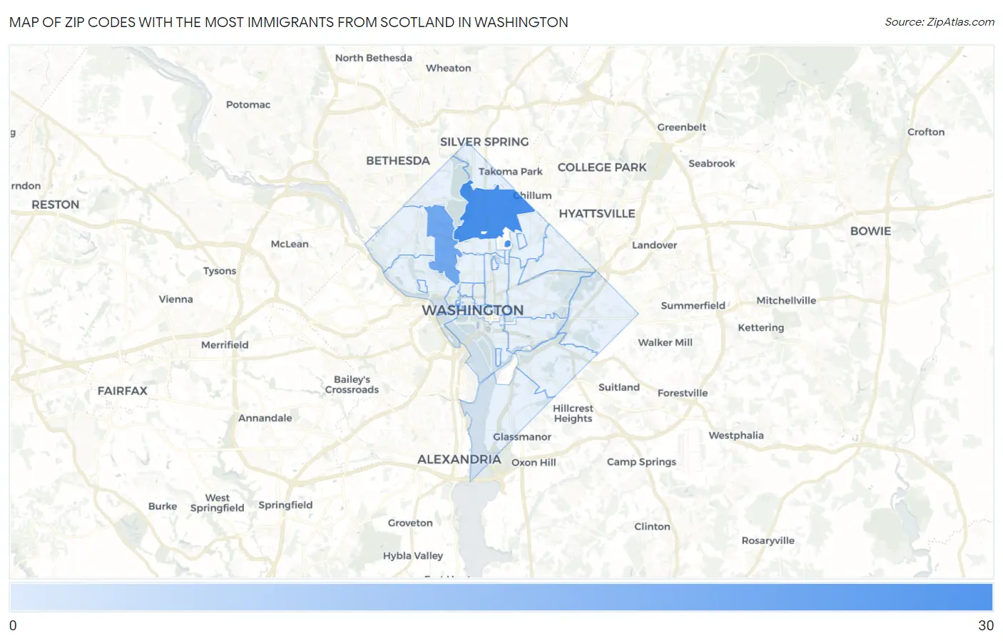 Zip Codes with the Most Immigrants from Scotland in Washington Map