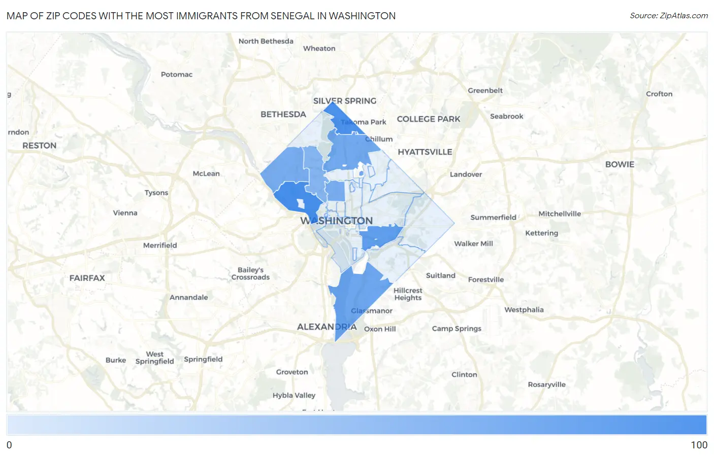 Zip Codes with the Most Immigrants from Senegal in Washington Map