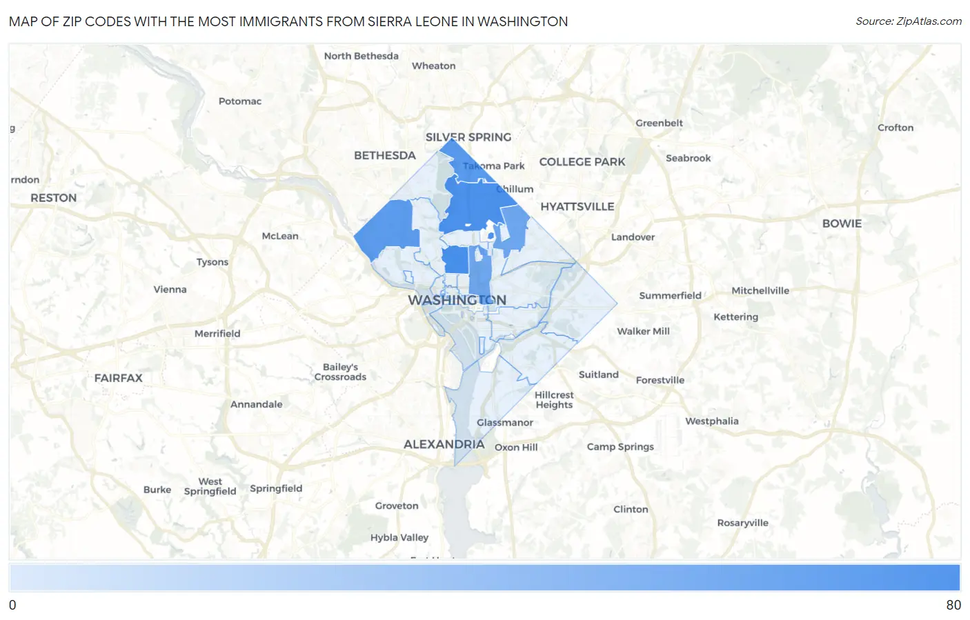 Zip Codes with the Most Immigrants from Sierra Leone in Washington Map