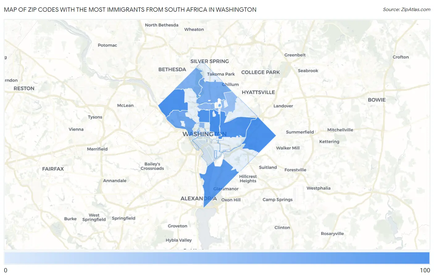 Zip Codes with the Most Immigrants from South Africa in Washington Map