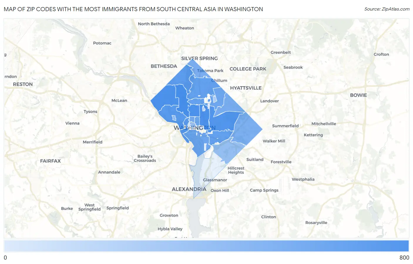 Zip Codes with the Most Immigrants from South Central Asia in Washington Map