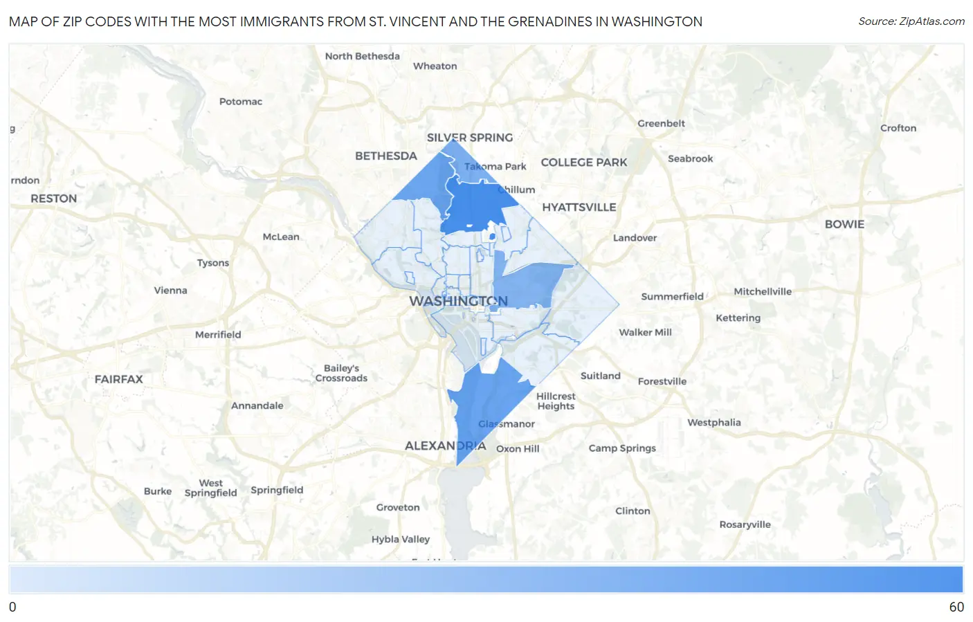 Zip Codes with the Most Immigrants from St. Vincent and the Grenadines in Washington Map