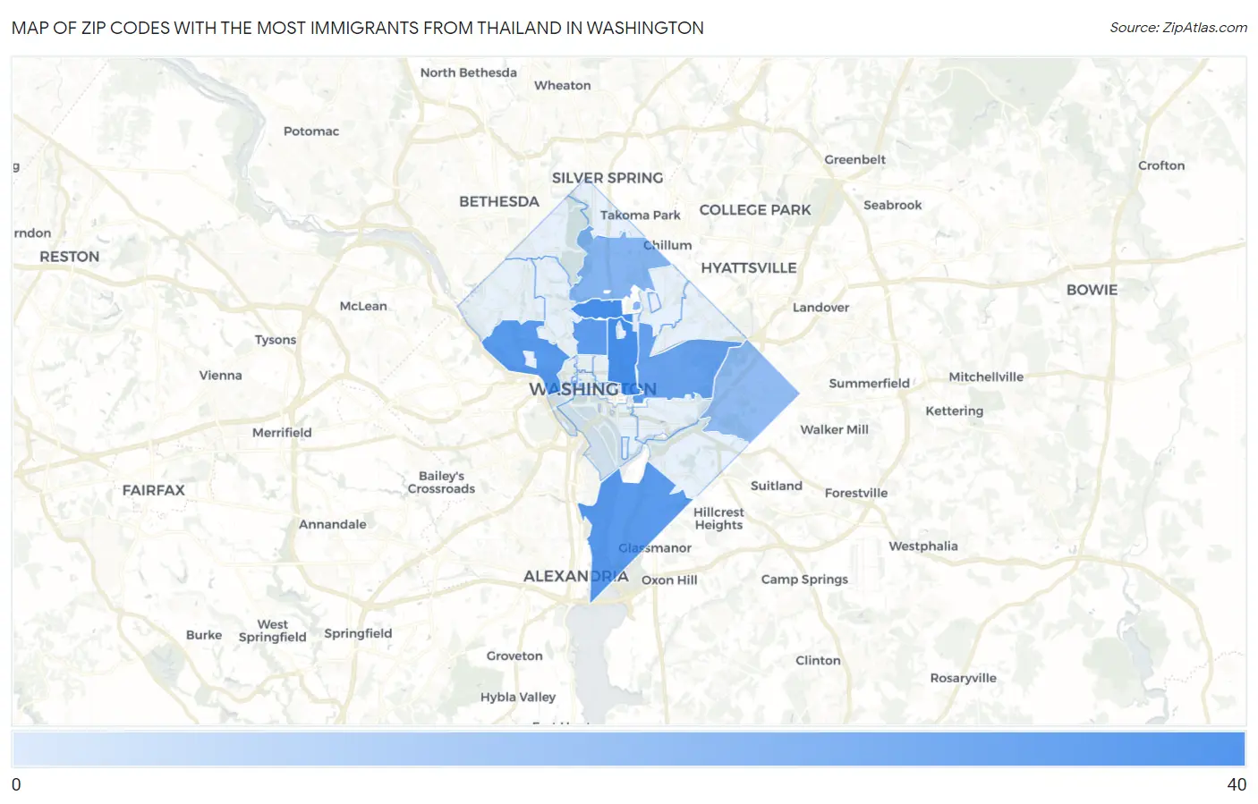 Zip Codes with the Most Immigrants from Thailand in Washington Map