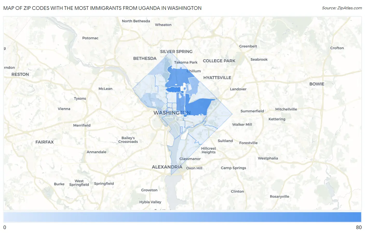 Zip Codes with the Most Immigrants from Uganda in Washington Map