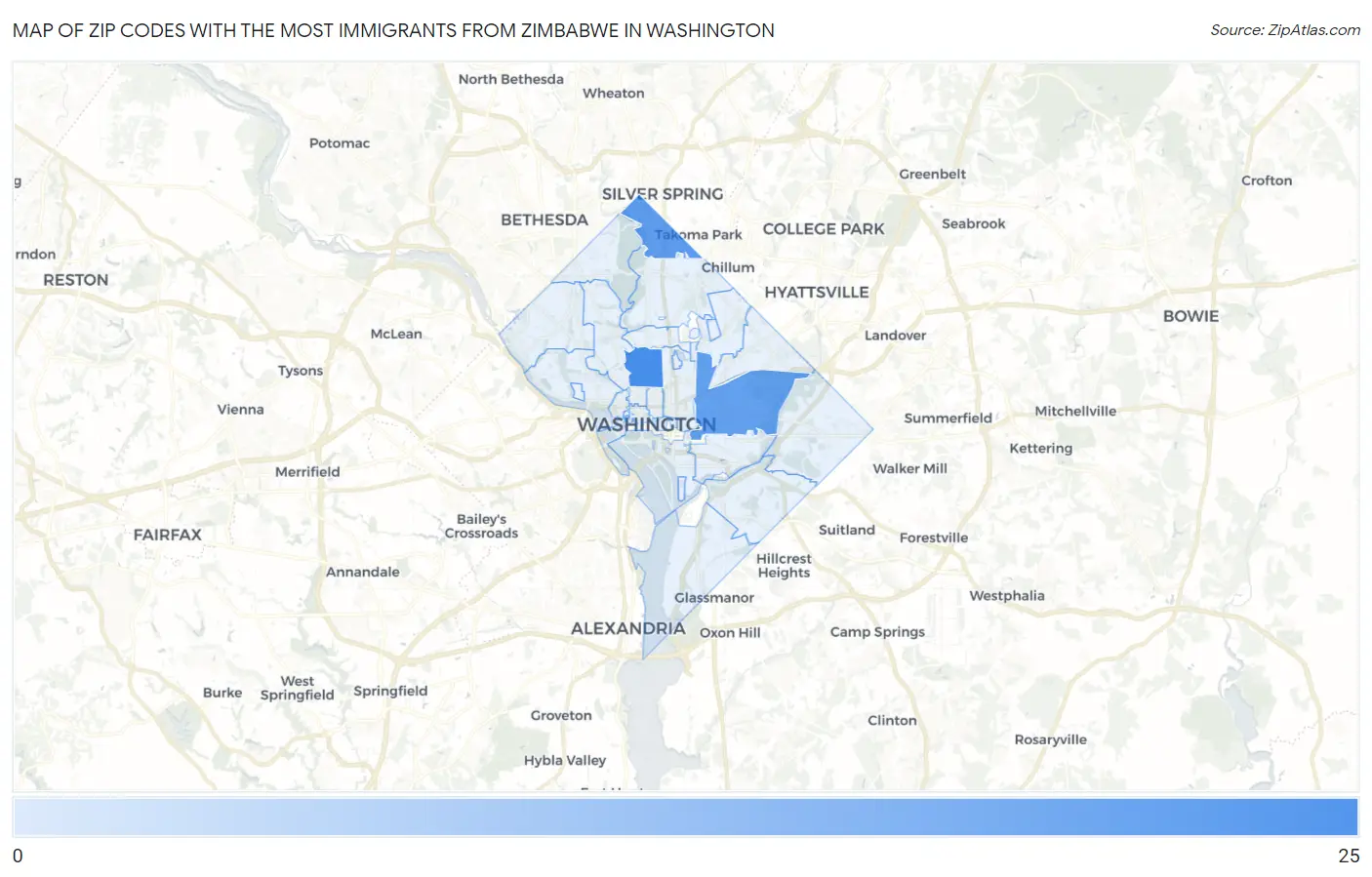 Zip Codes with the Most Immigrants from Zimbabwe in Washington Map