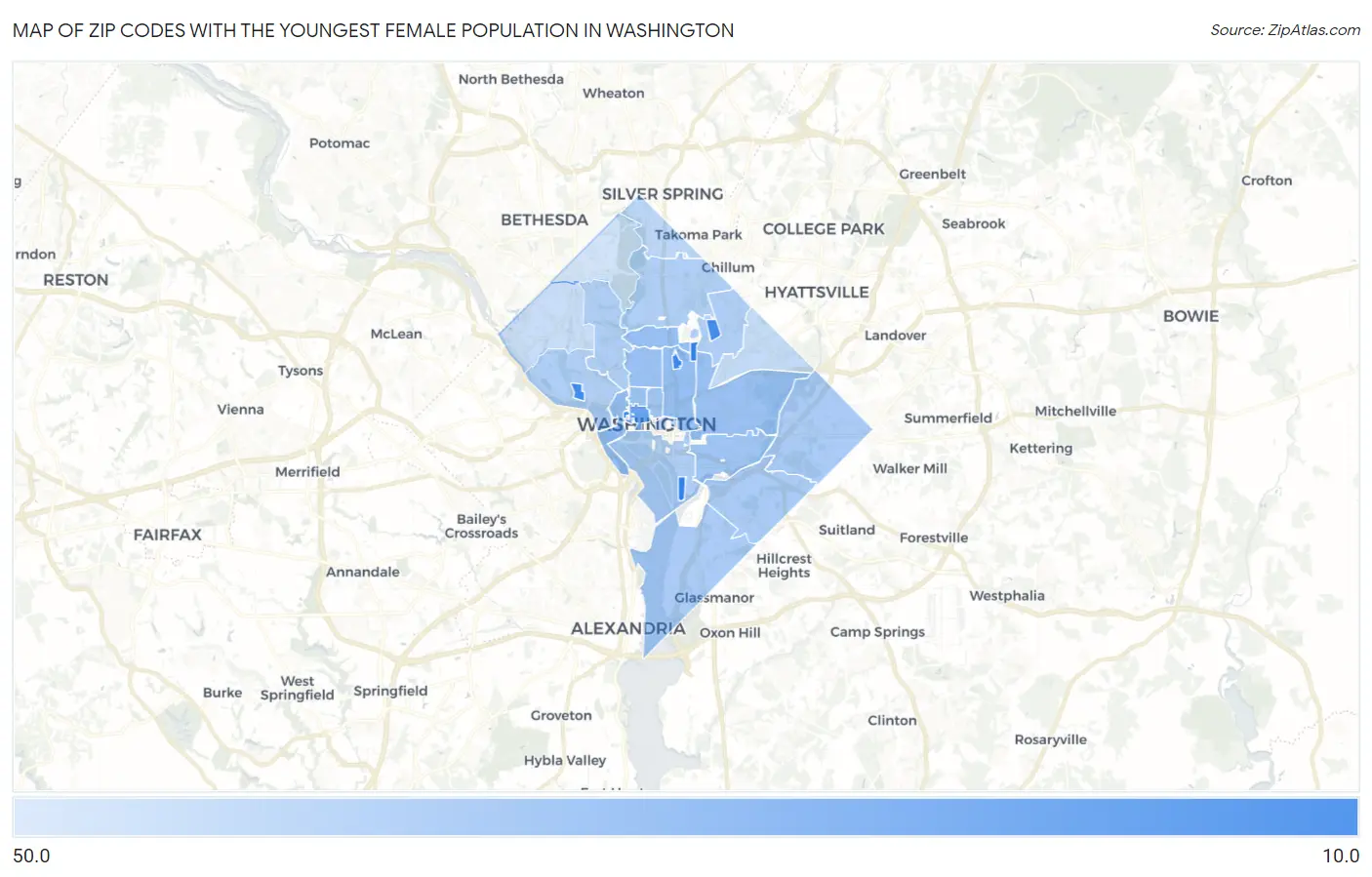 Zip Codes with the Youngest Female Population in Washington Map