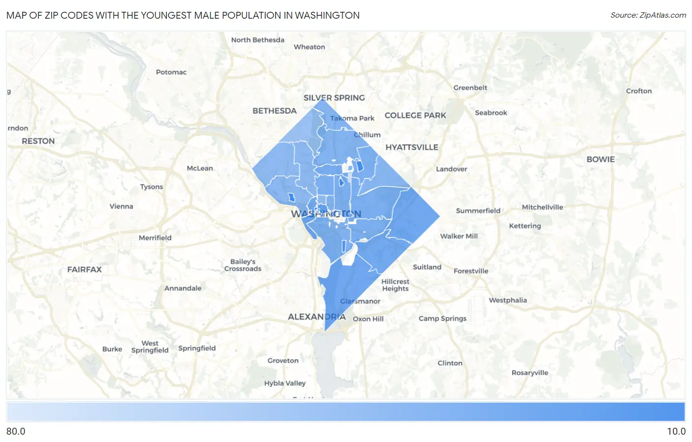 Zip Codes with the Youngest Male Population in Washington Map