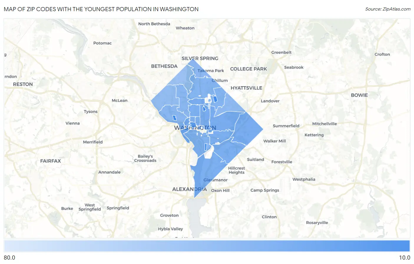Zip Codes with the Youngest Population in Washington Map
