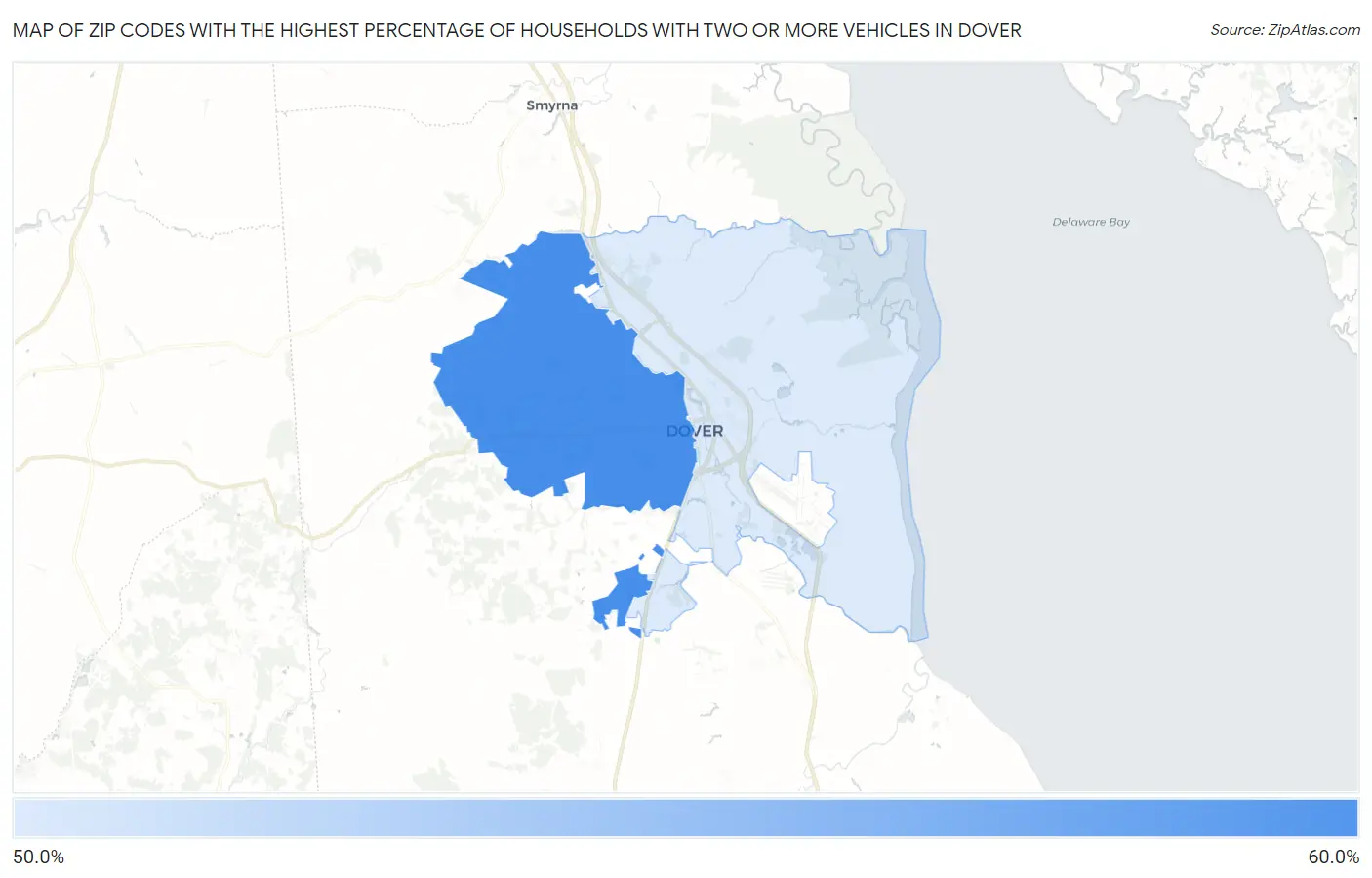 Zip Codes with the Highest Percentage of Households With Two or more Vehicles in Dover Map