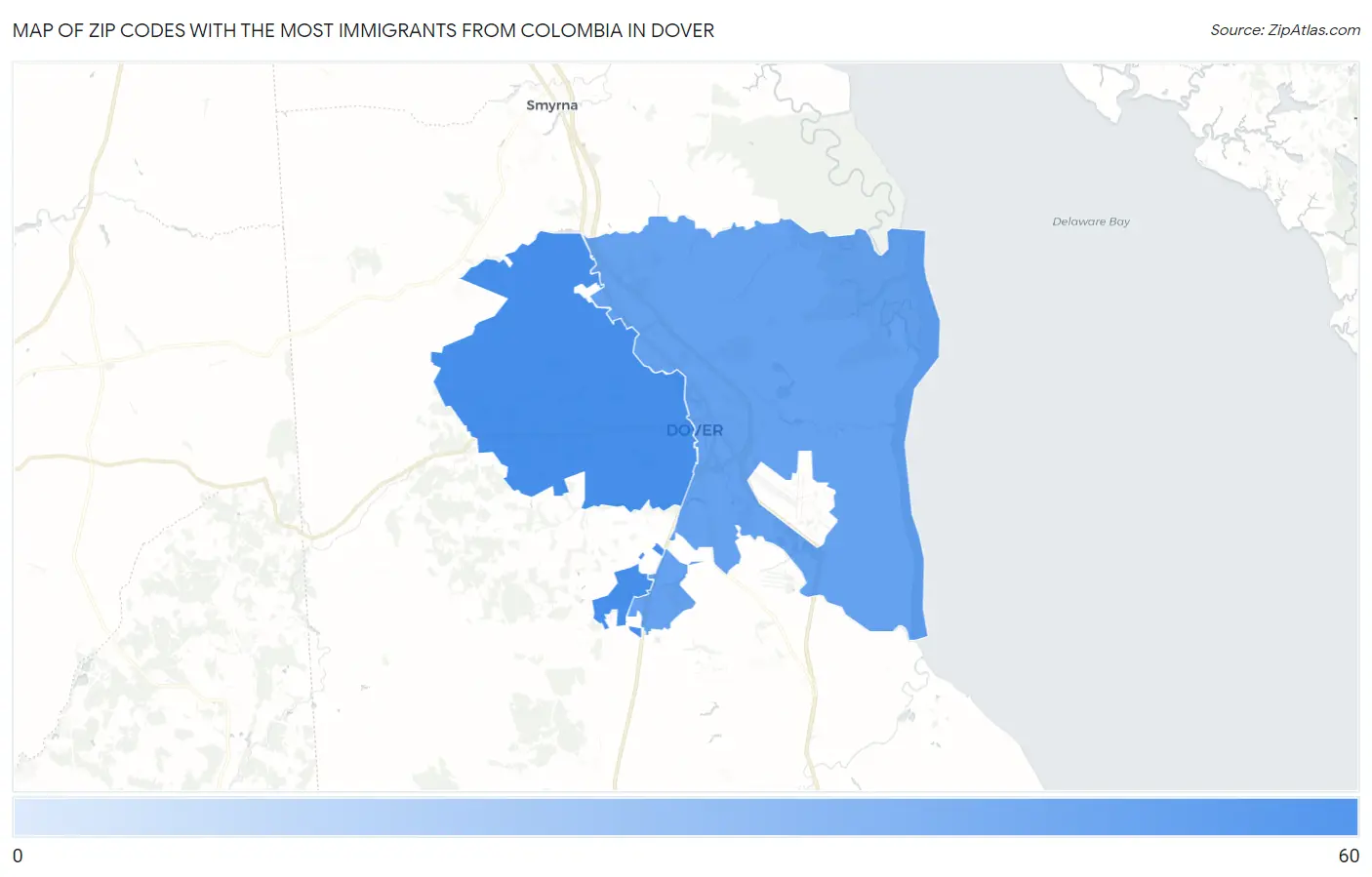 Zip Codes with the Most Immigrants from Colombia in Dover Map