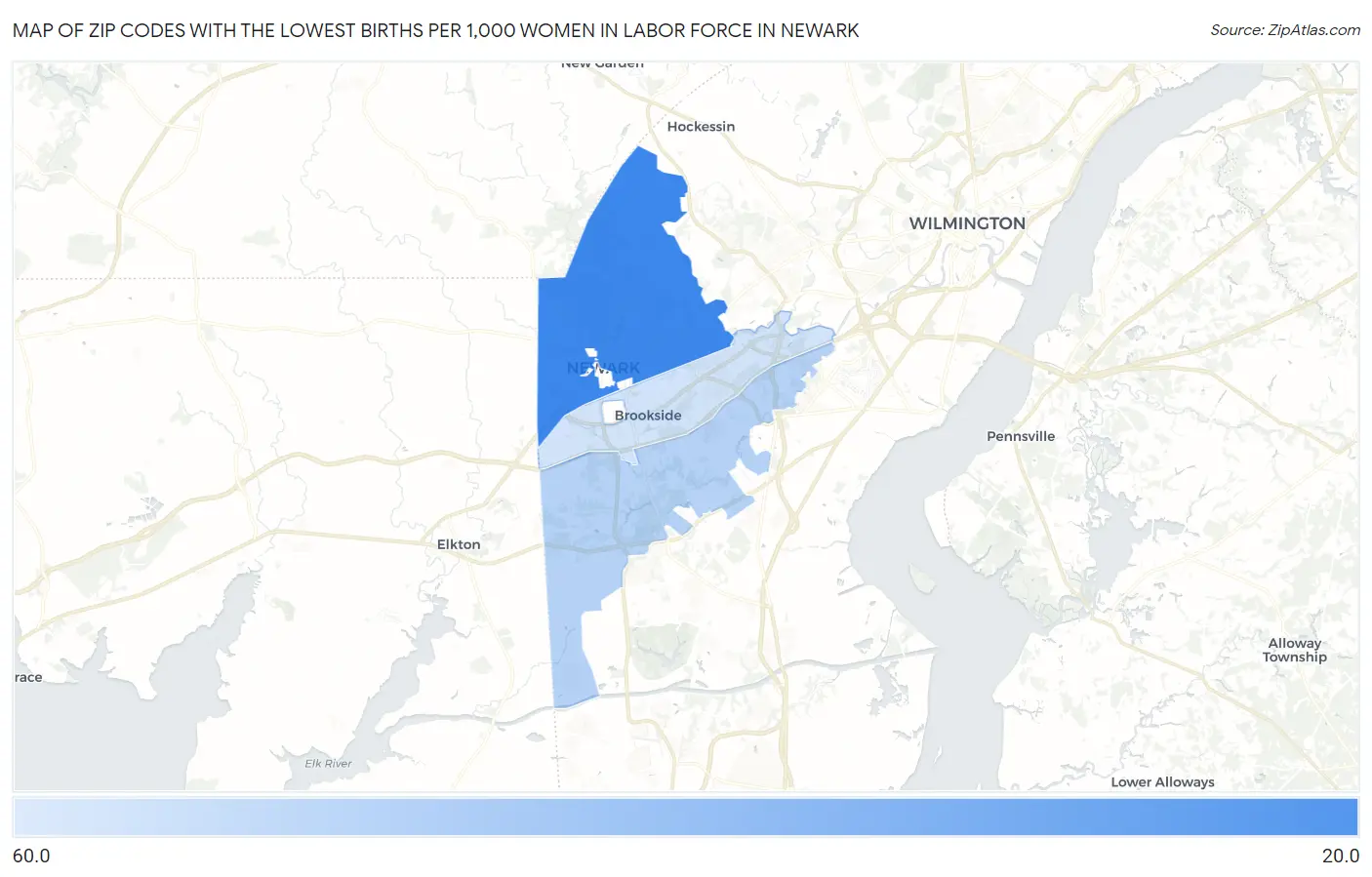 Zip Codes with the Lowest Births per 1,000 Women in Labor Force in Newark Map