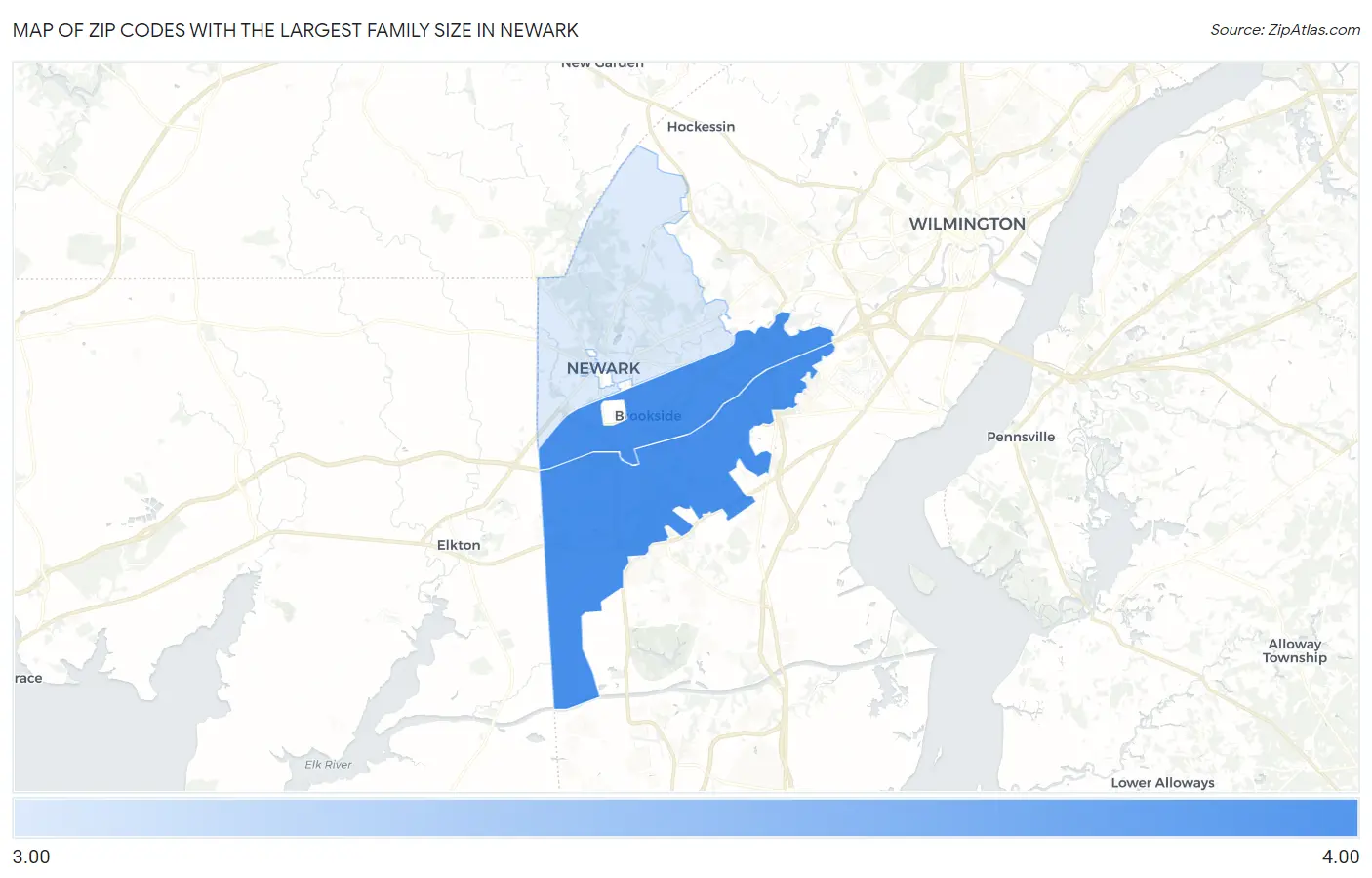 Zip Codes with the Largest Family Size in Newark Map