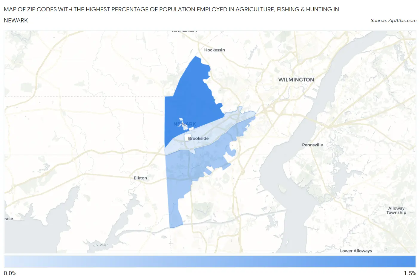 Zip Codes with the Highest Percentage of Population Employed in Agriculture, Fishing & Hunting in Newark Map