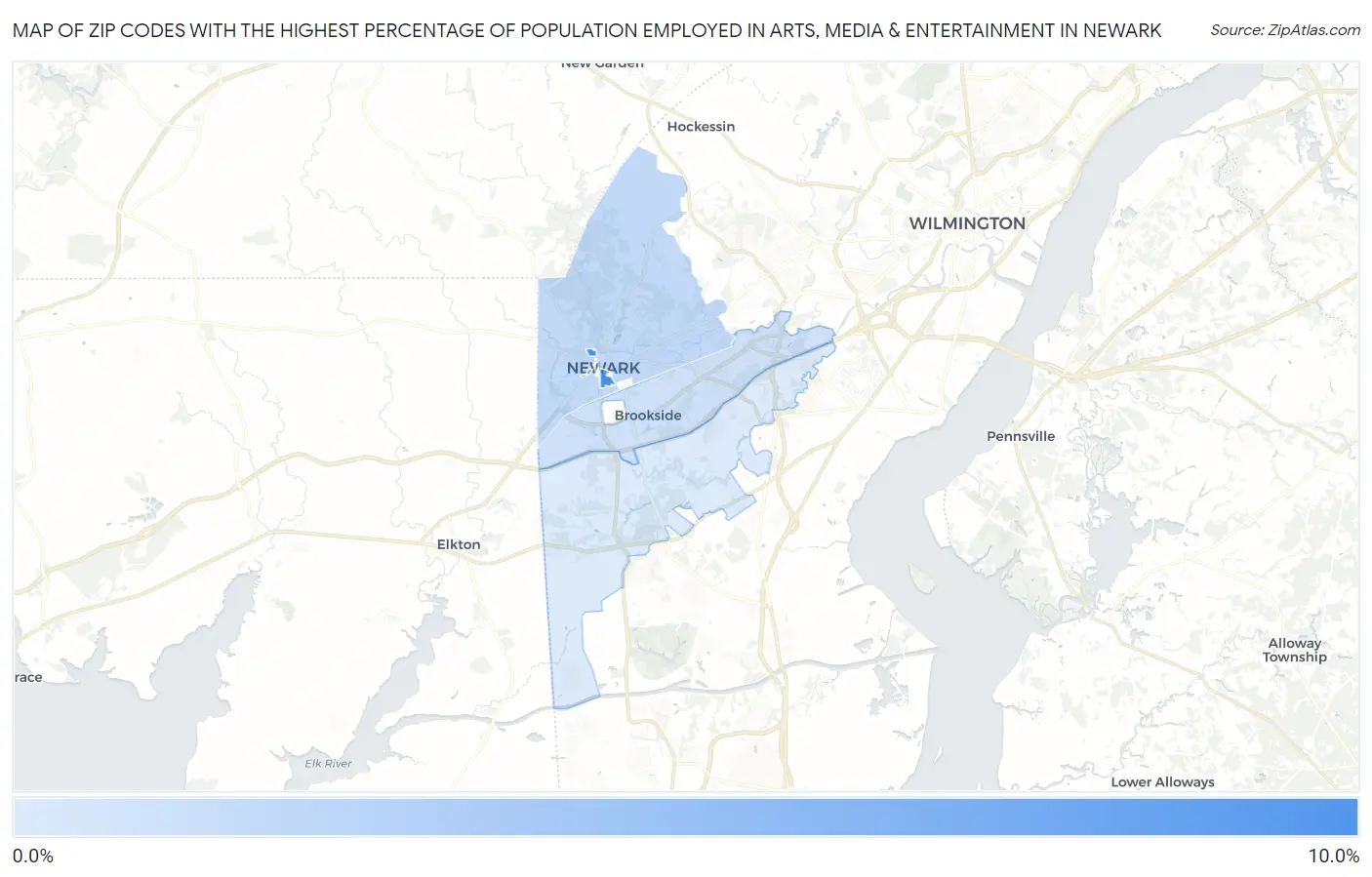 Zip Codes with the Highest Percentage of Population Employed in Arts, Media & Entertainment in Newark Map
