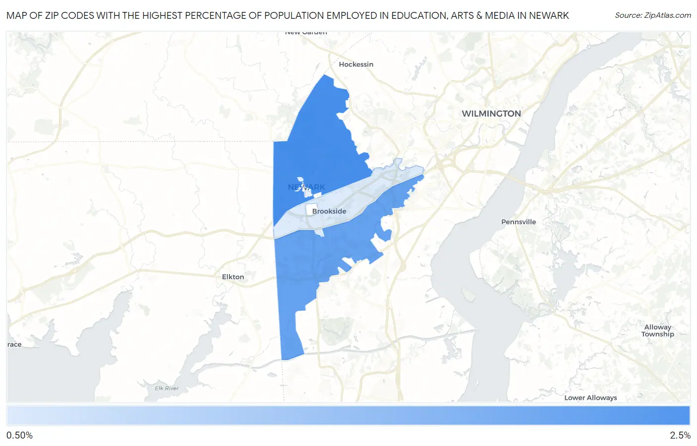 Zip Codes with the Highest Percentage of Population Employed in Education, Arts & Media in Newark Map