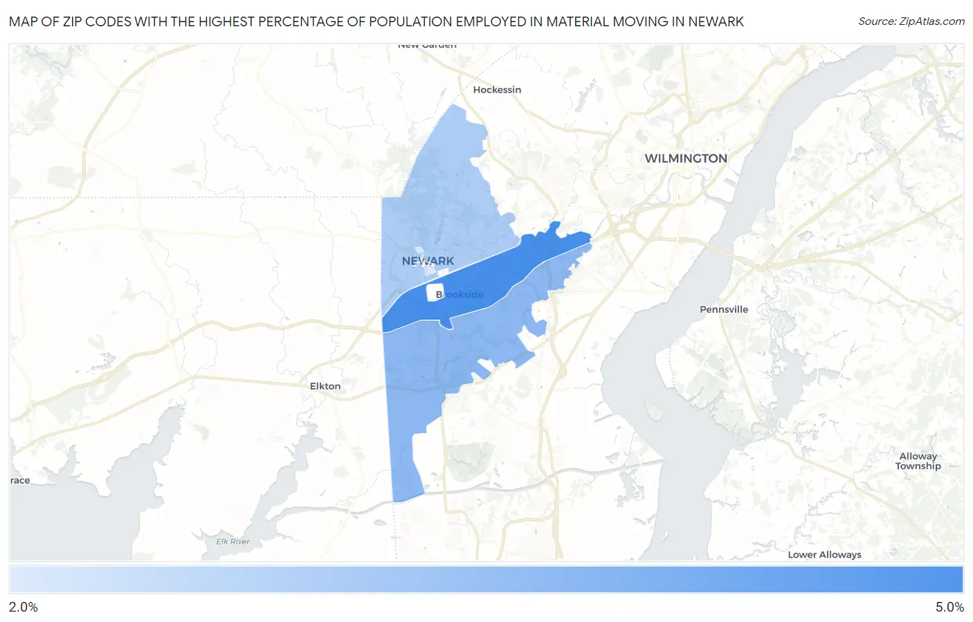Zip Codes with the Highest Percentage of Population Employed in Material Moving in Newark Map
