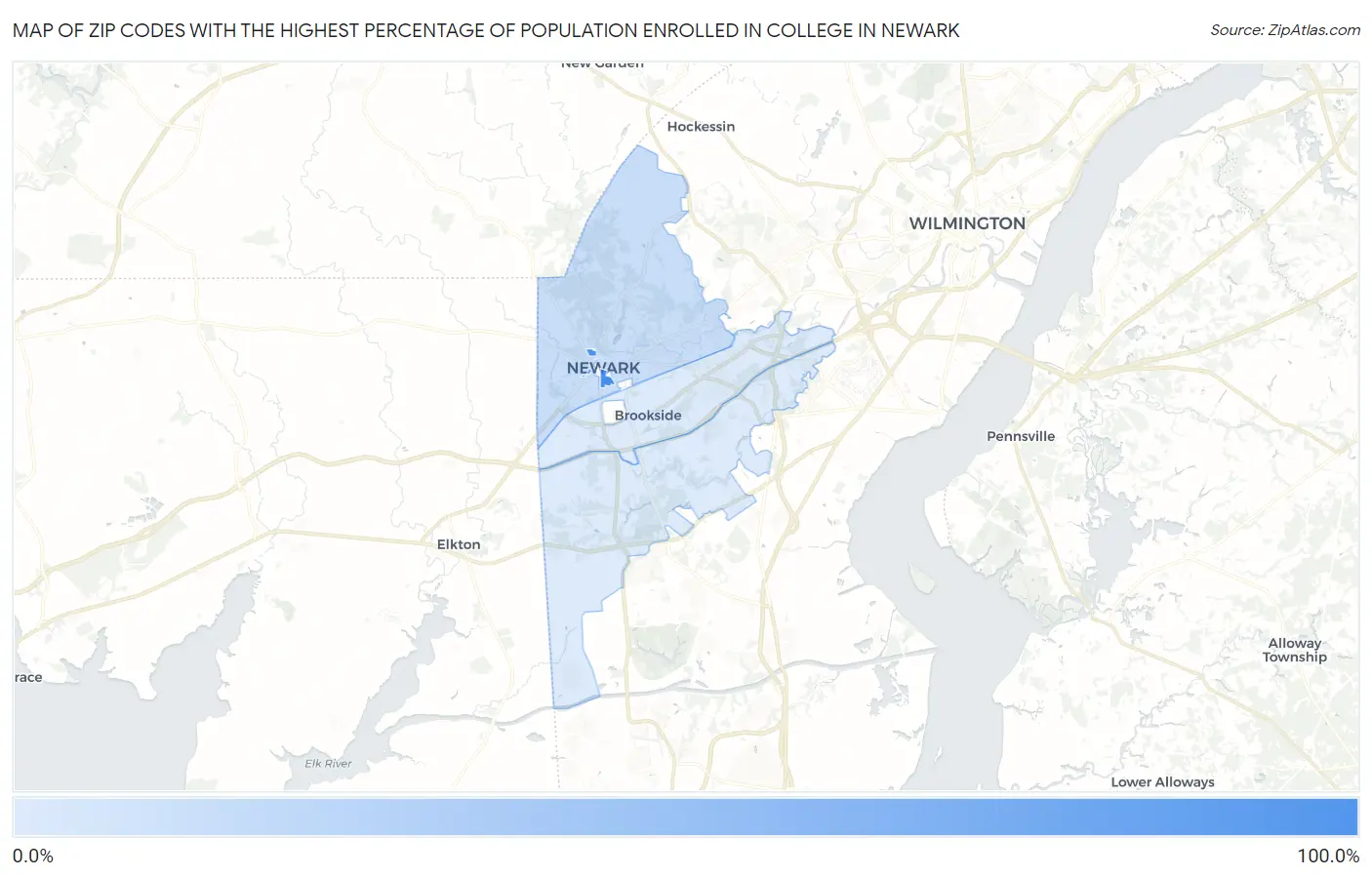 Zip Codes with the Highest Percentage of Population Enrolled in College in Newark Map