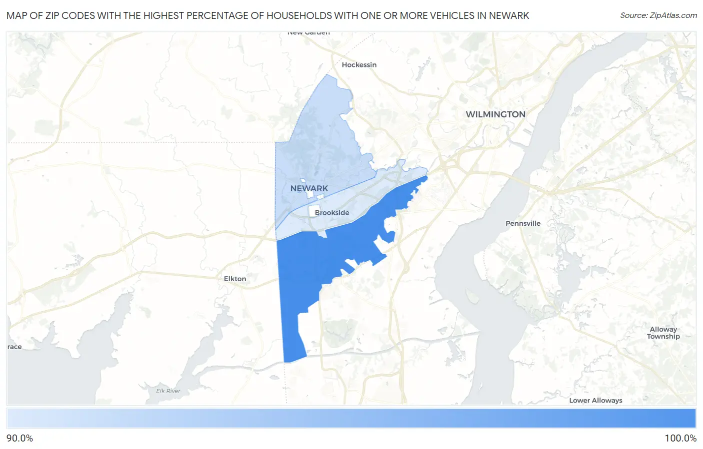 Zip Codes with the Highest Percentage of Households With One or more Vehicles in Newark Map