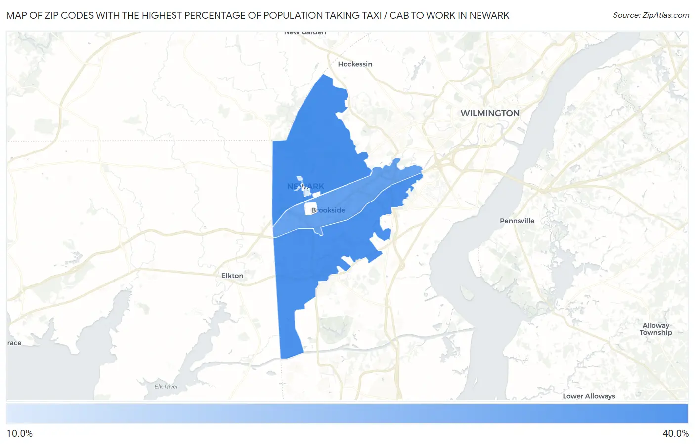 Zip Codes with the Highest Percentage of Population Taking Taxi / Cab to Work in Newark Map