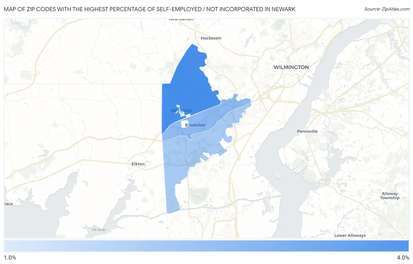 Zip Codes with the Highest Percentage of Self-Employed / Not Incorporated in Newark Map