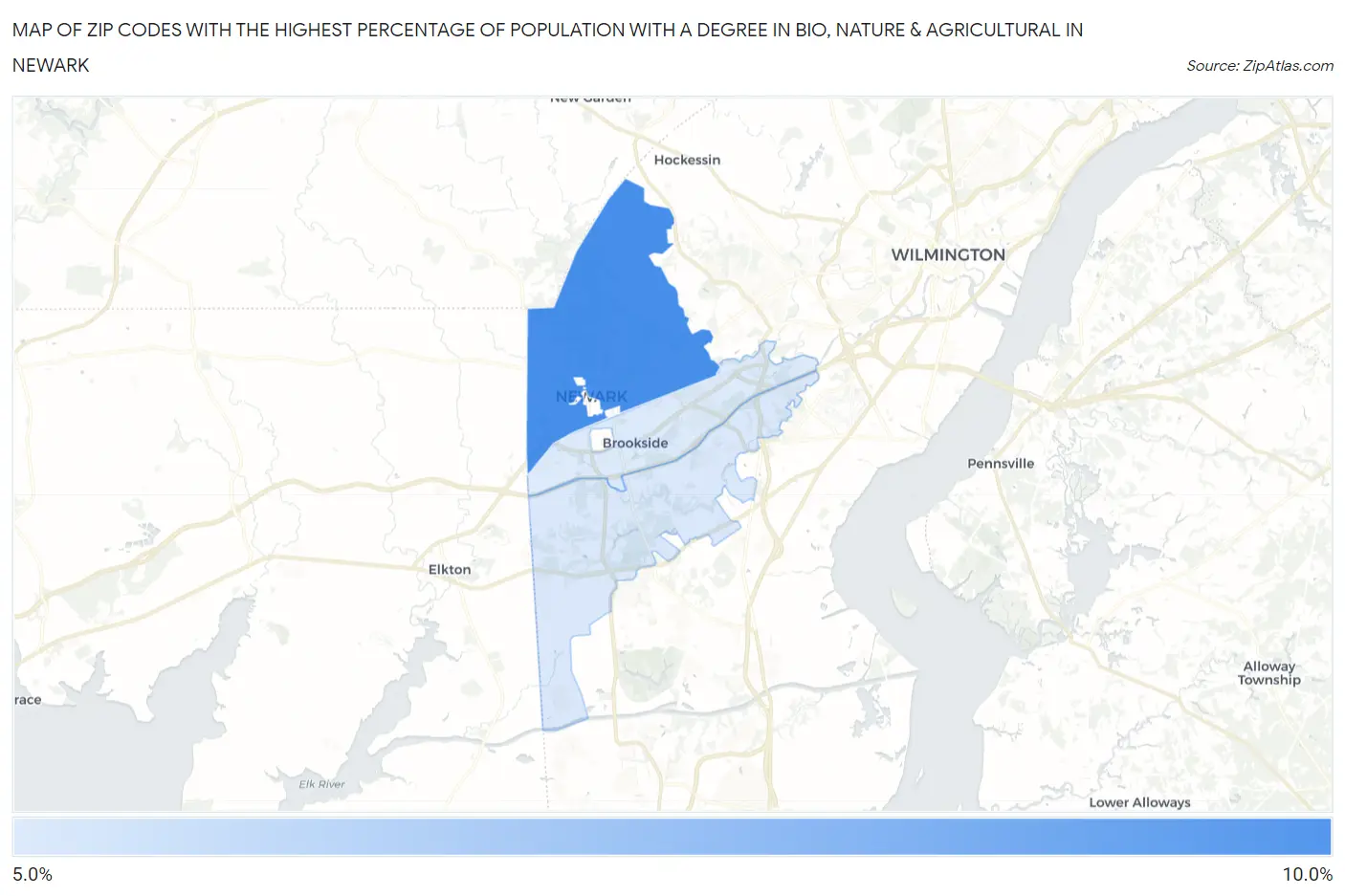 Zip Codes with the Highest Percentage of Population with a Degree in Bio, Nature & Agricultural in Newark Map
