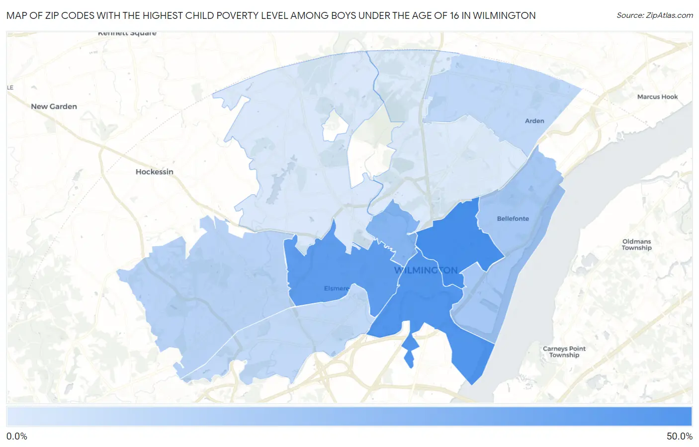 Zip Codes with the Highest Child Poverty Level Among Boys Under the Age of 16 in Wilmington Map