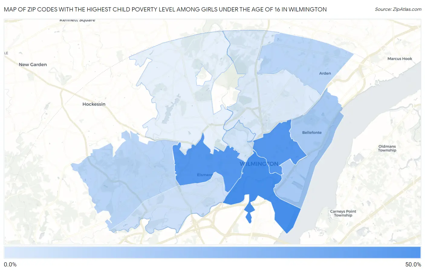 Zip Codes with the Highest Child Poverty Level Among Girls Under the Age of 16 in Wilmington Map