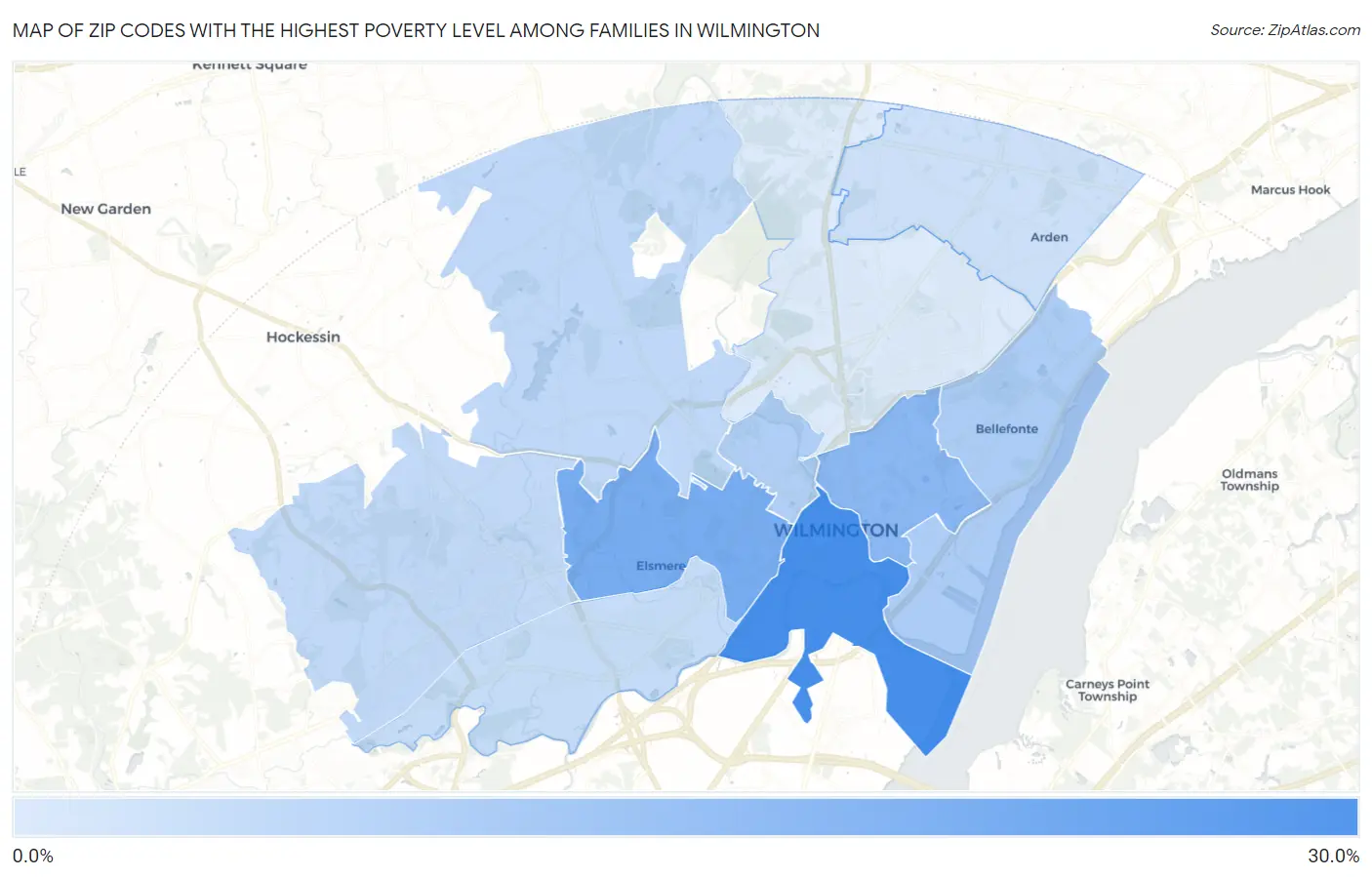 Zip Codes with the Highest Poverty Level Among Families in Wilmington Map