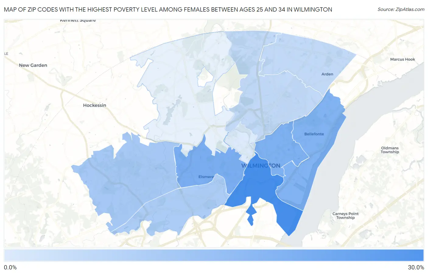 Zip Codes with the Highest Poverty Level Among Females Between Ages 25 and 34 in Wilmington Map