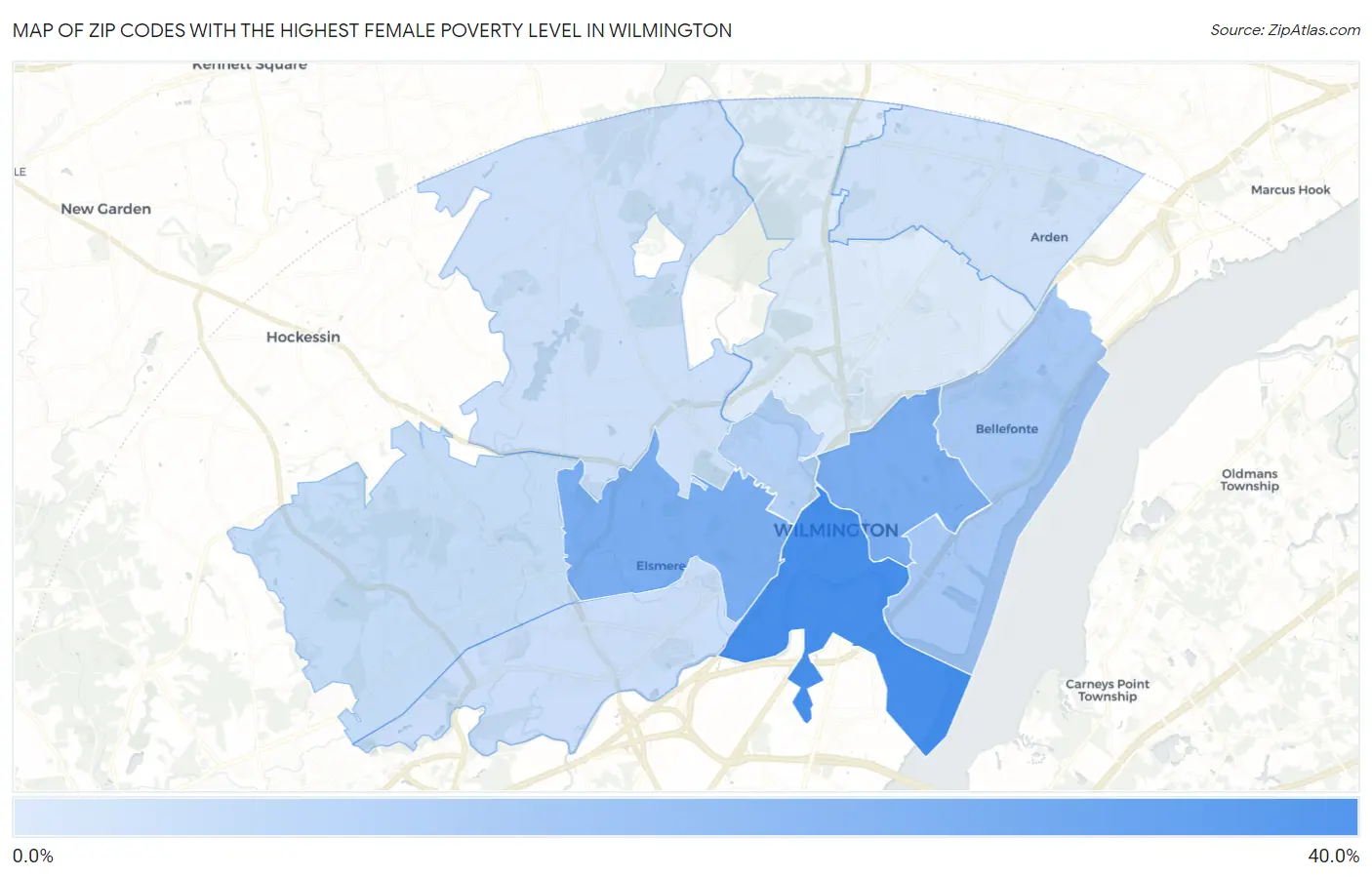 Zip Codes with the Highest Female Poverty Level in Wilmington Map