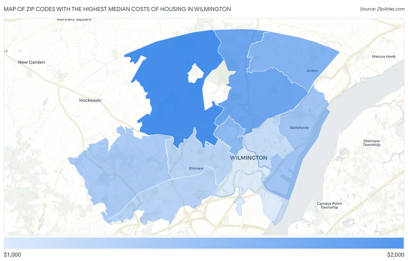 Zip Codes with the Highest Median Costs of Housing in Wilmington Map