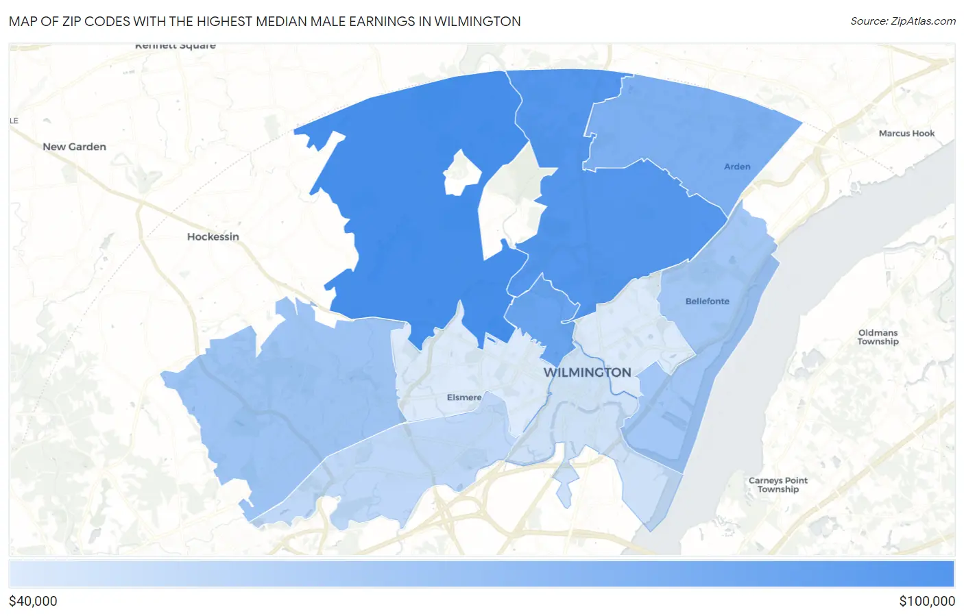 Zip Codes with the Highest Median Male Earnings in Wilmington Map