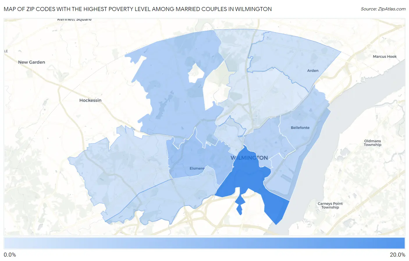 Zip Codes with the Highest Poverty Level Among Married Couples in Wilmington Map