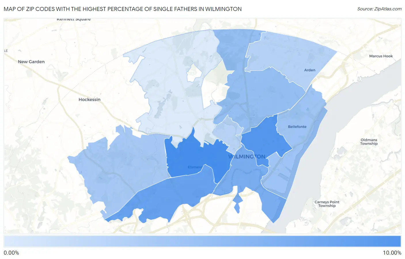 Zip Codes with the Highest Percentage of Single Fathers in Wilmington Map