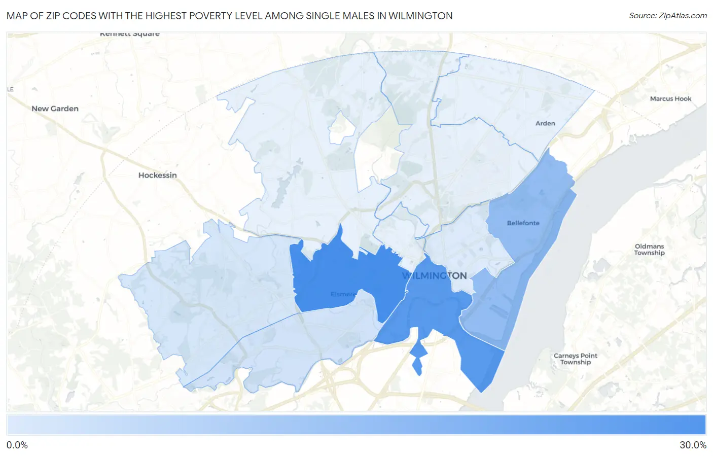 Zip Codes with the Highest Poverty Level Among Single Males in Wilmington Map