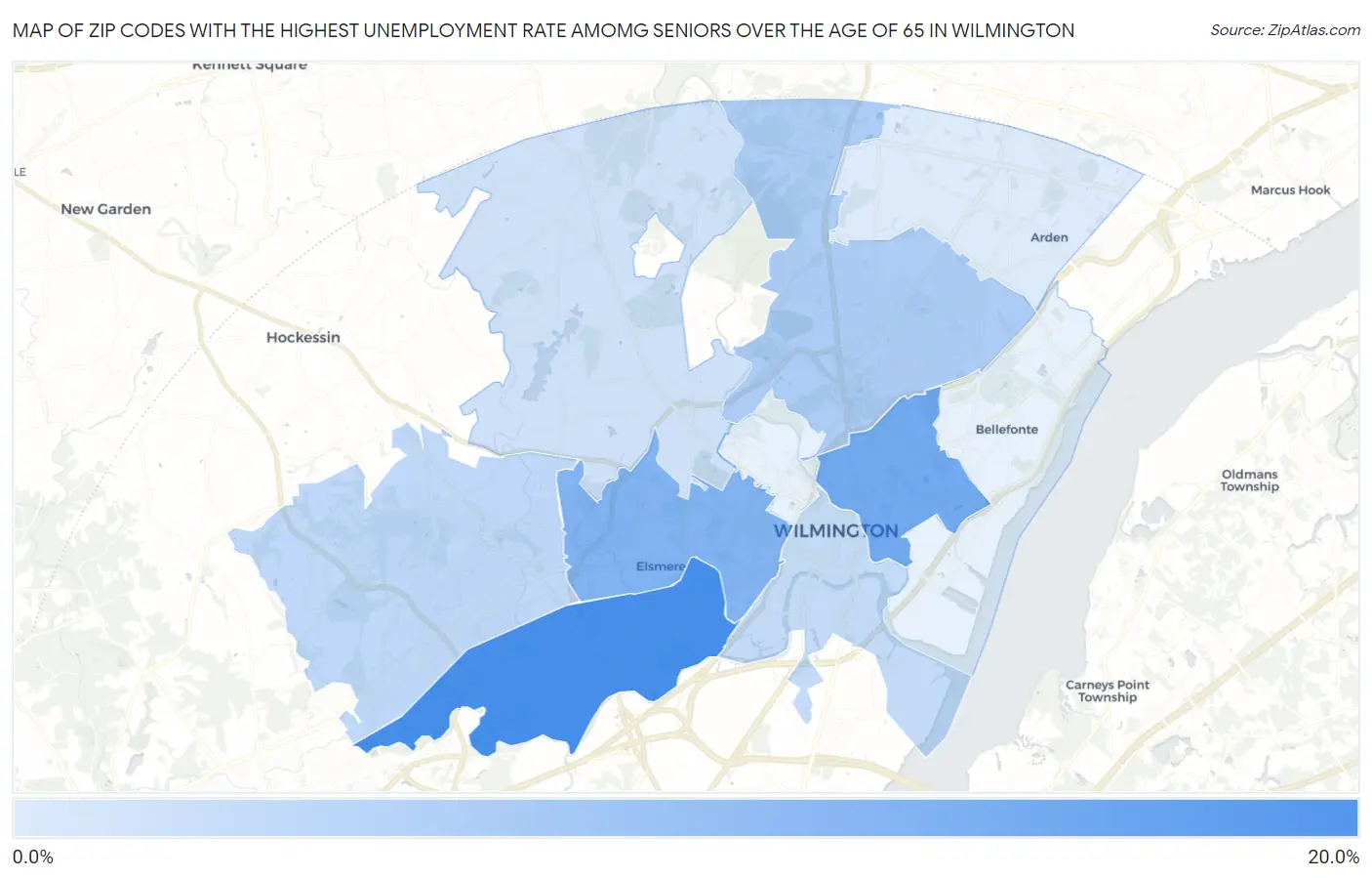Zip Codes with the Highest Unemployment Rate Amomg Seniors Over the Age of 65 in Wilmington Map
