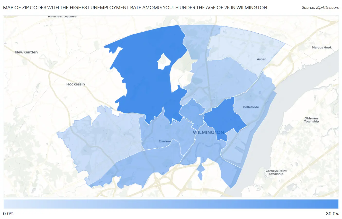 Zip Codes with the Highest Unemployment Rate Amomg Youth Under the Age of 25 in Wilmington Map