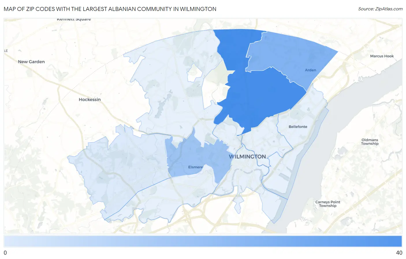 Zip Codes with the Largest Albanian Community in Wilmington Map