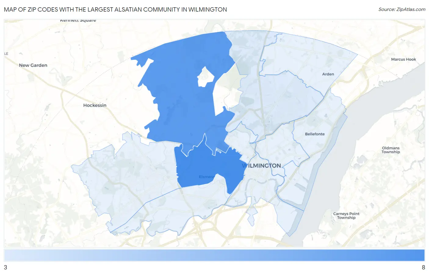 Zip Codes with the Largest Alsatian Community in Wilmington Map
