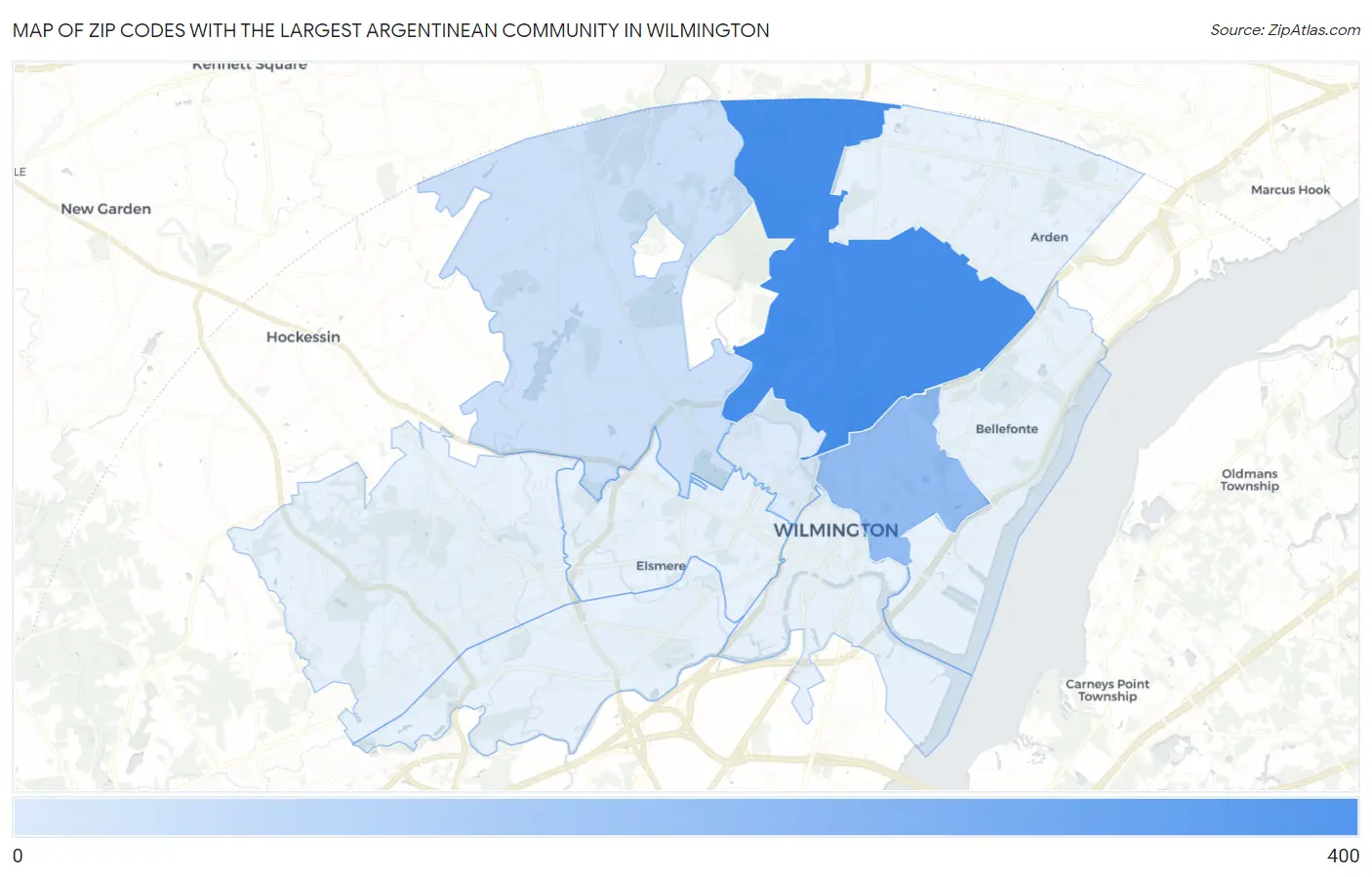 Zip Codes with the Largest Argentinean Community in Wilmington Map