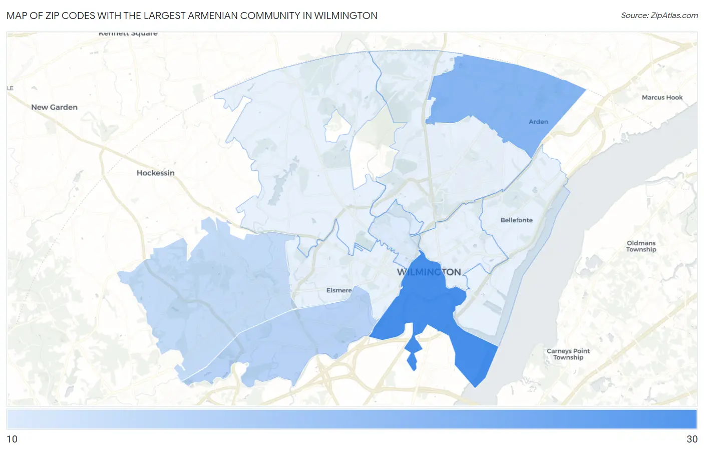 Zip Codes with the Largest Armenian Community in Wilmington Map