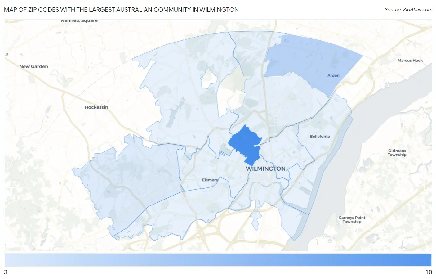 Zip Codes with the Largest Australian Community in Wilmington Map