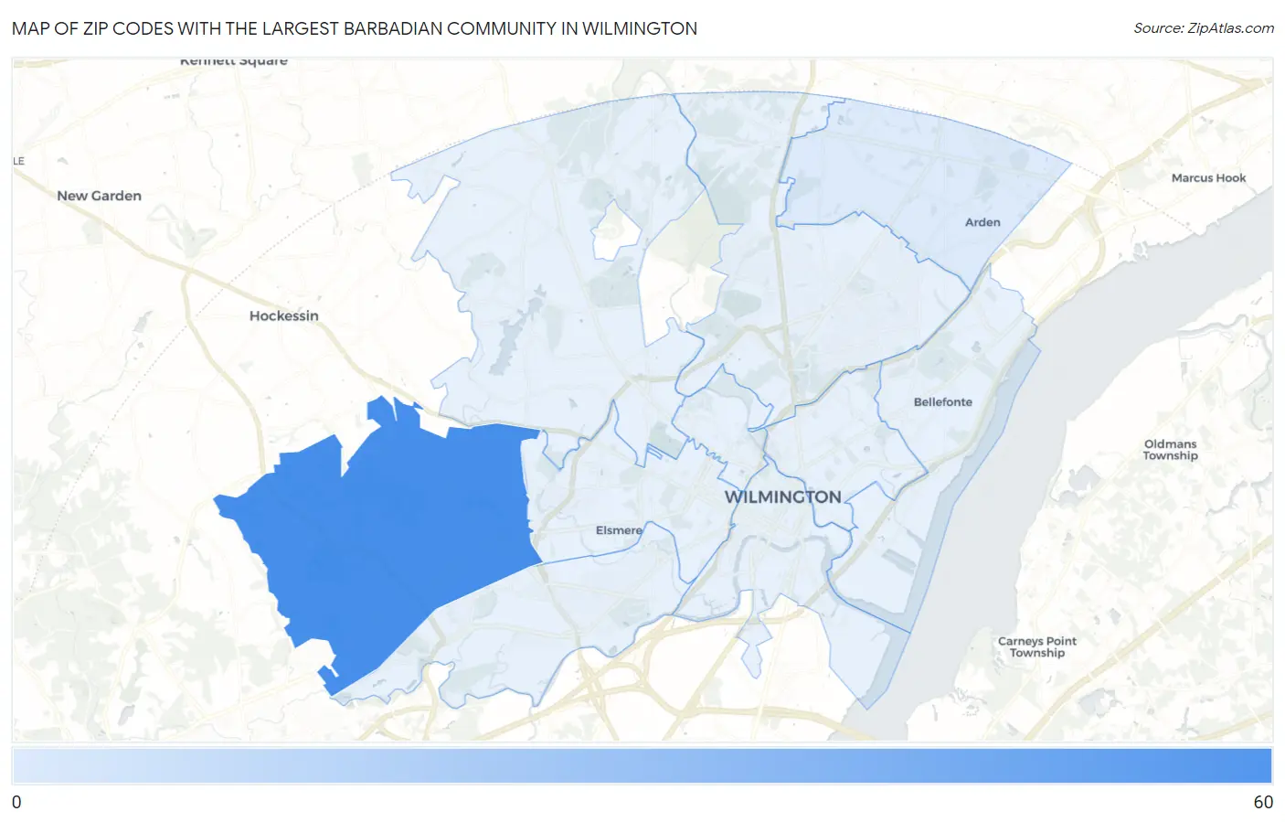 Zip Codes with the Largest Barbadian Community in Wilmington Map