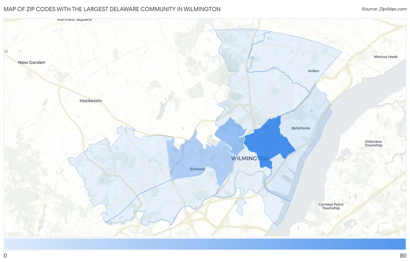 Zip Codes with the Largest Delaware Community in Wilmington Map