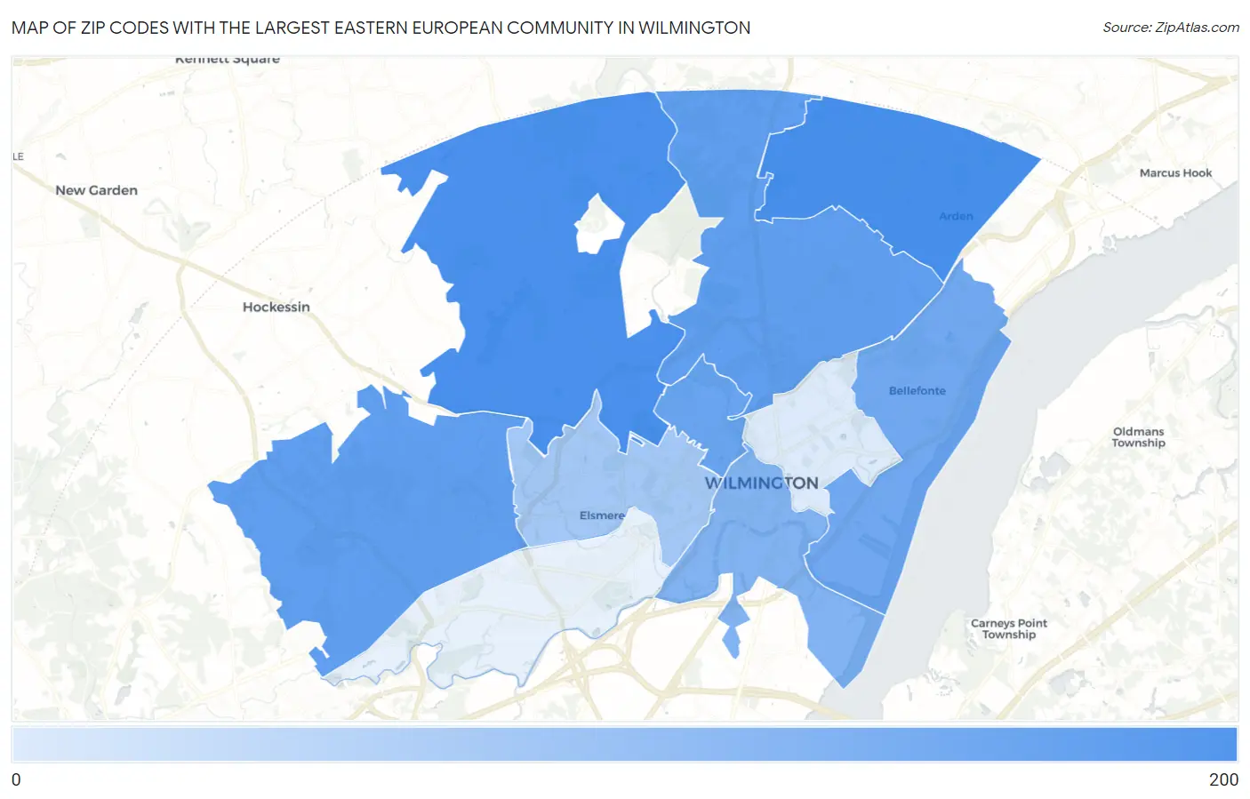 Zip Codes with the Largest Eastern European Community in Wilmington Map