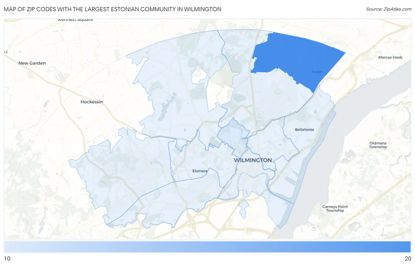 Zip Codes with the Largest Estonian Community in Wilmington Map