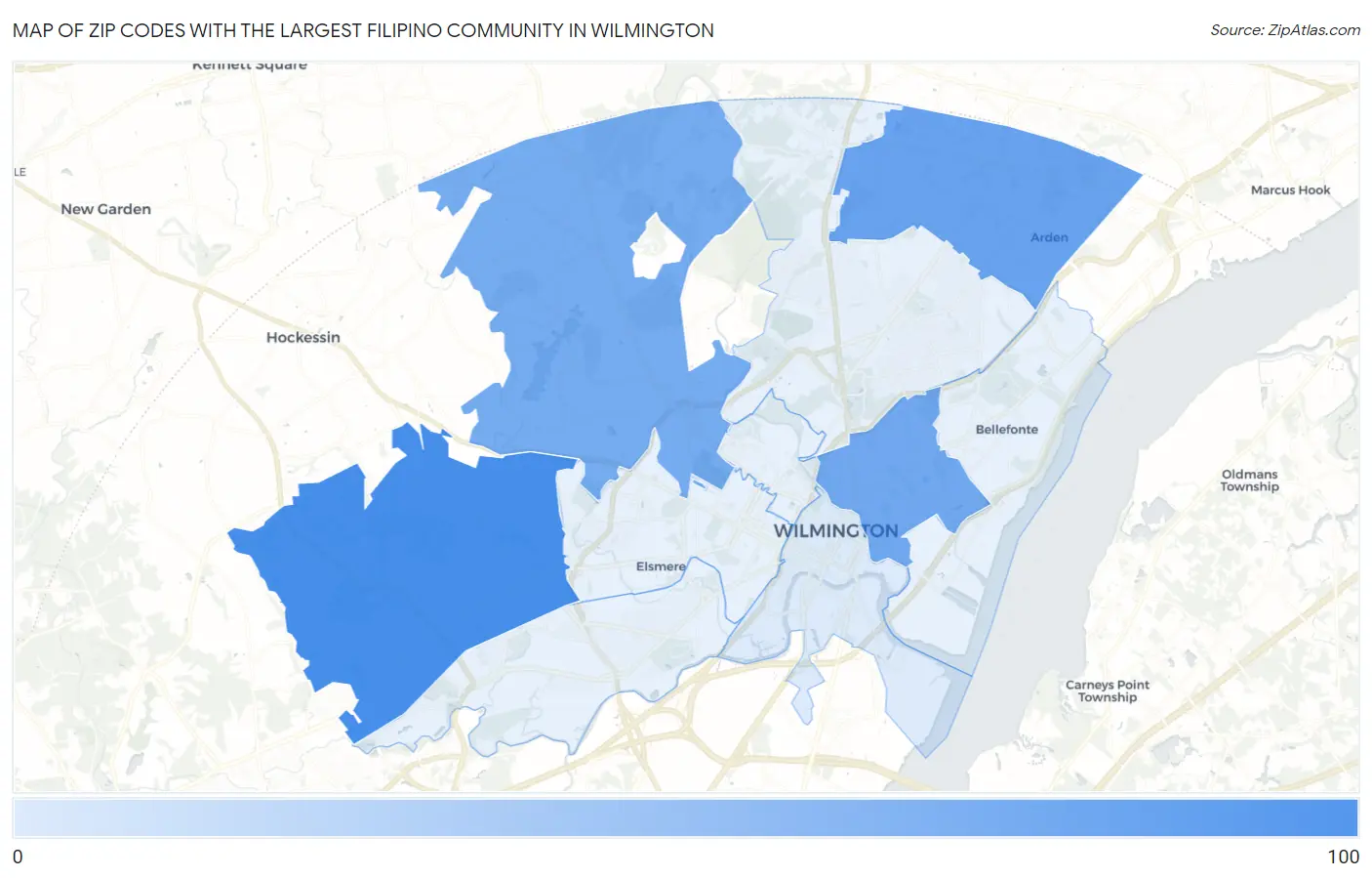 Zip Codes with the Largest Filipino Community in Wilmington Map