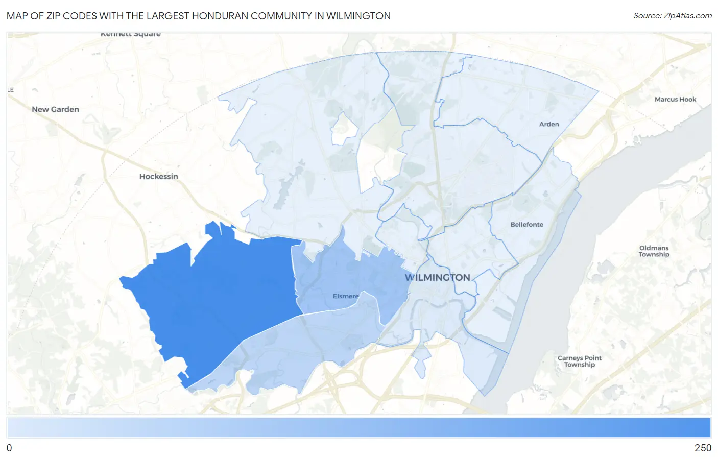 Zip Codes with the Largest Honduran Community in Wilmington Map