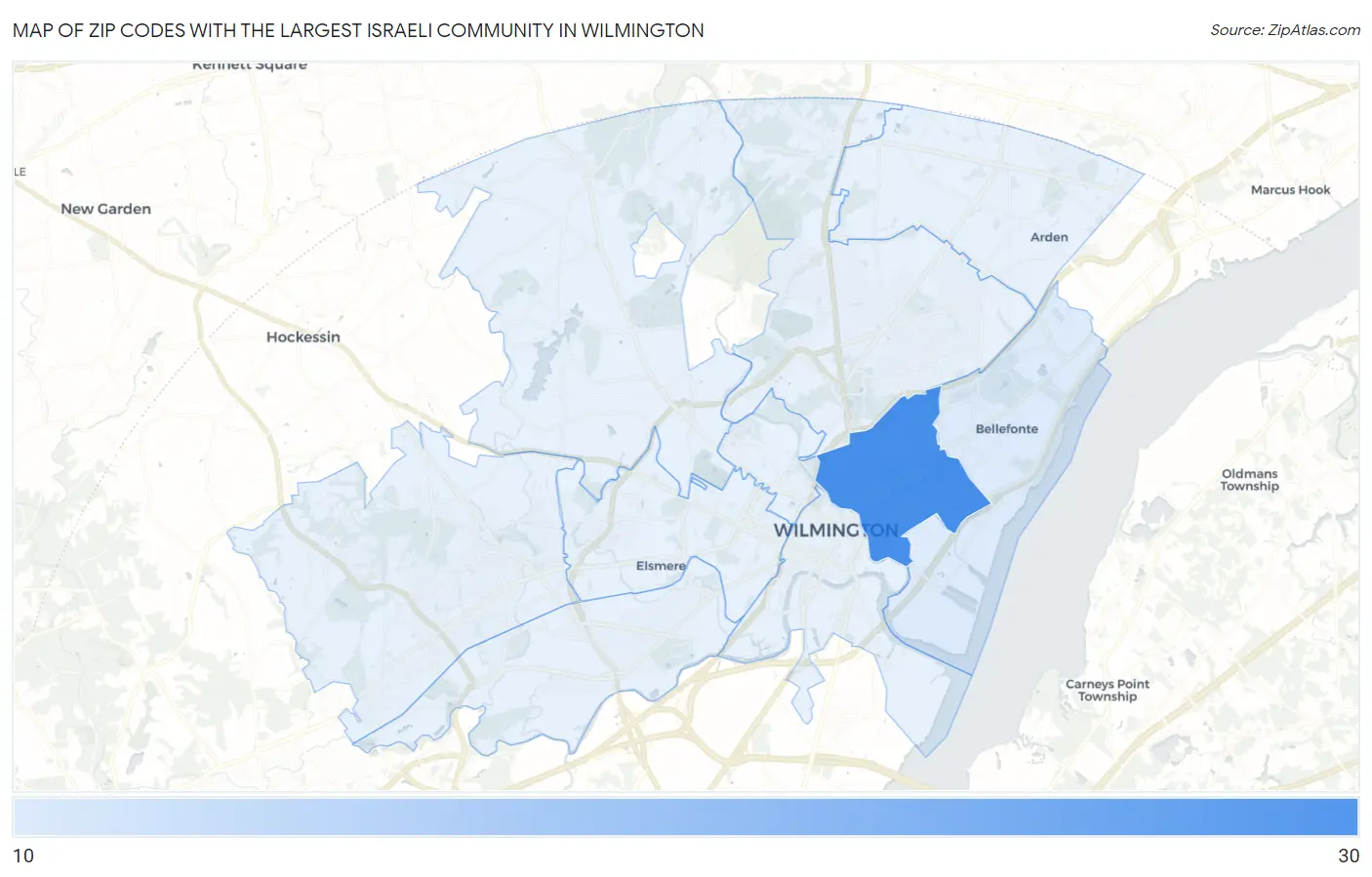 Zip Codes with the Largest Israeli Community in Wilmington Map