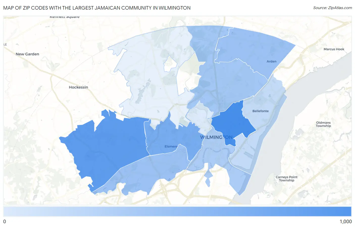 Zip Codes with the Largest Jamaican Community in Wilmington Map